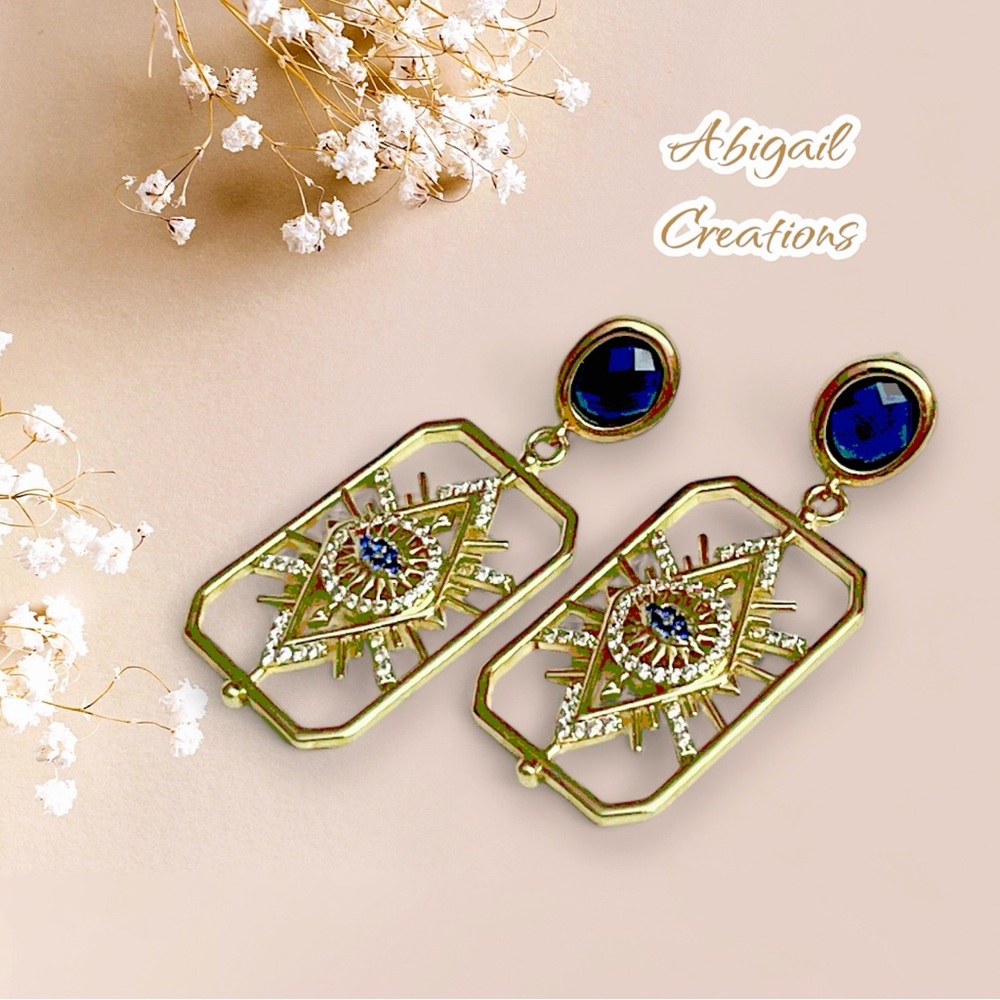Abigail Creations Gold Plated CZ Rectangle Evil Eye 🧿 Drop Earrings